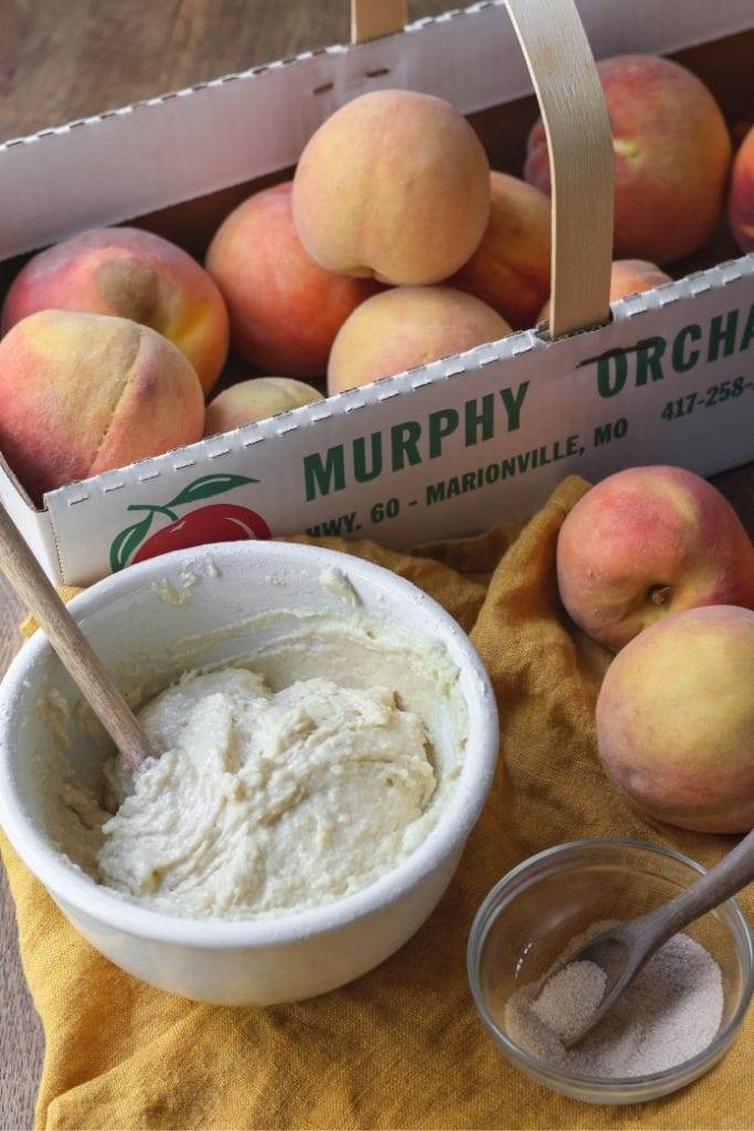 Peach cobbler biscuit topping mix in a bowl
