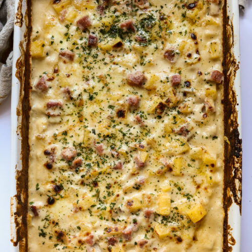 Cheesy ham and potato casserole in a white casserole dish