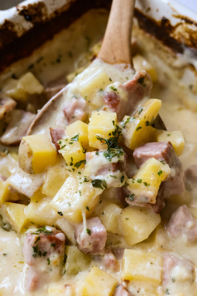 Close-up of ham and potato casserole