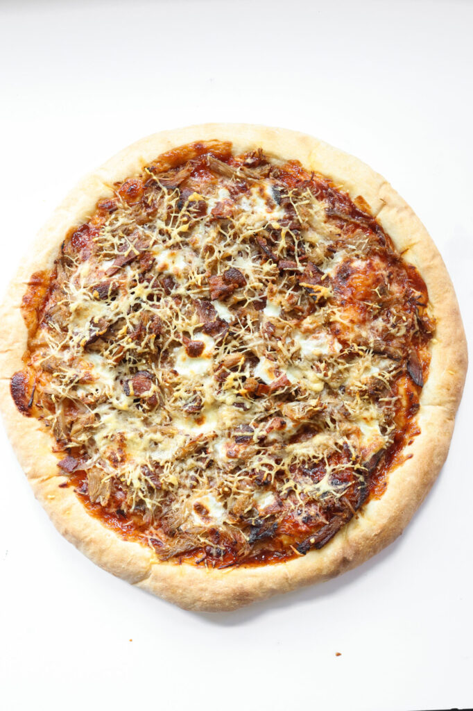 Homemade BBQ pulled pork pizza fresh out of the oven