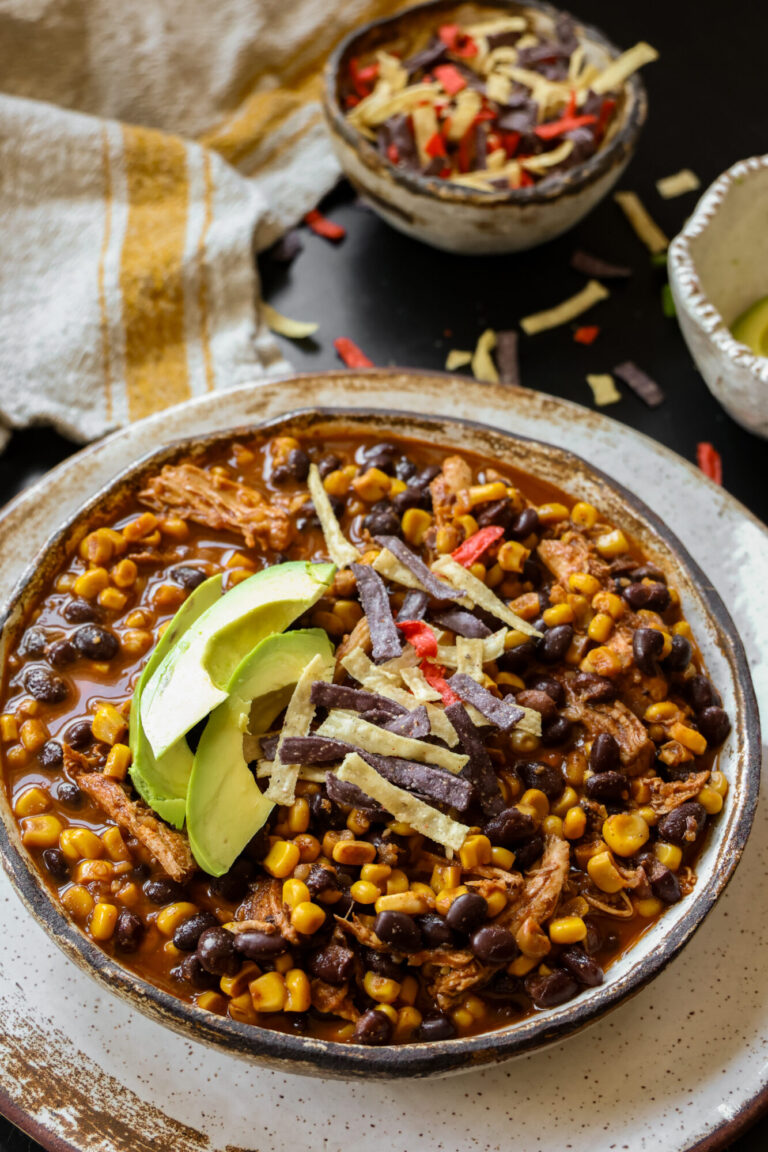 Rustic bowl filled with hearty slow cooker chicken enchilada soup showing shredded chicken and bold flavors.