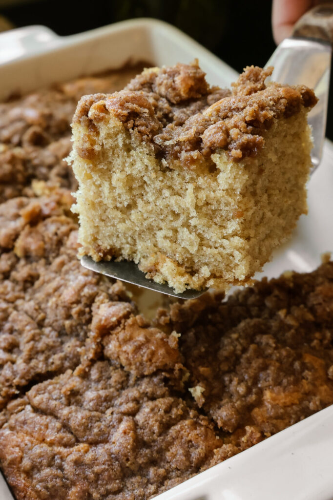 Classic coffee cake with streusel topping fresh from the oven