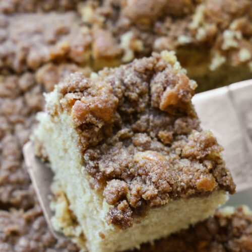 reshly baked cinnamon cardamom coffee cake with golden streusel topping