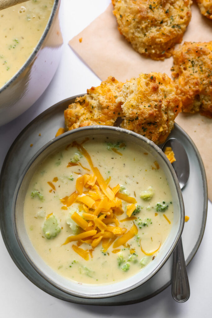 Rich and cheesy broccoli cheddar soup made with fresh broccoli and sharp cheddar cheese.