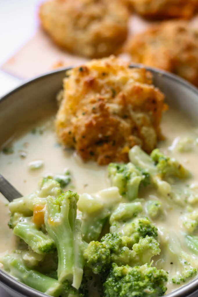 Warm bowl of homemade broccoli cheese soup