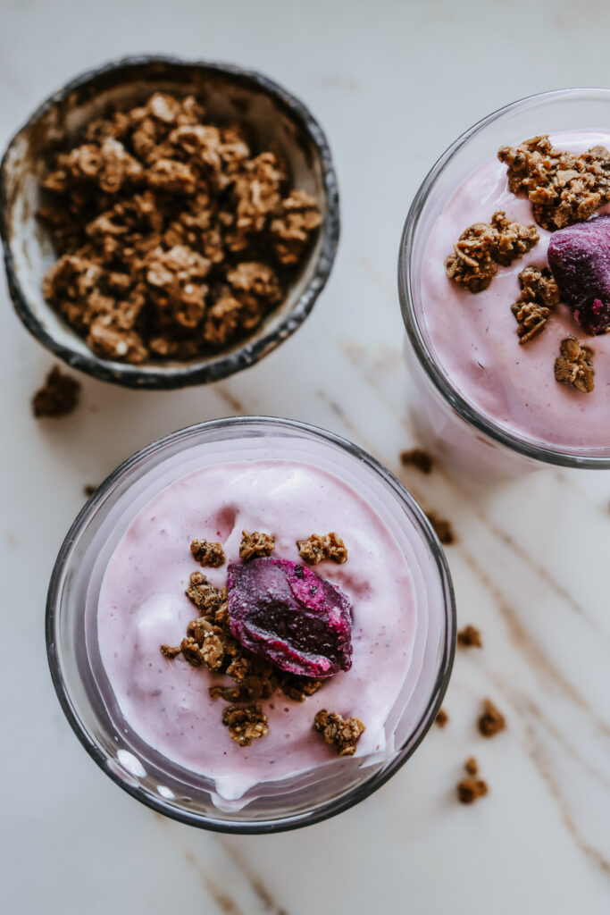 High protein smoothie made with cottage cheese, Greek yogurt, and fruit