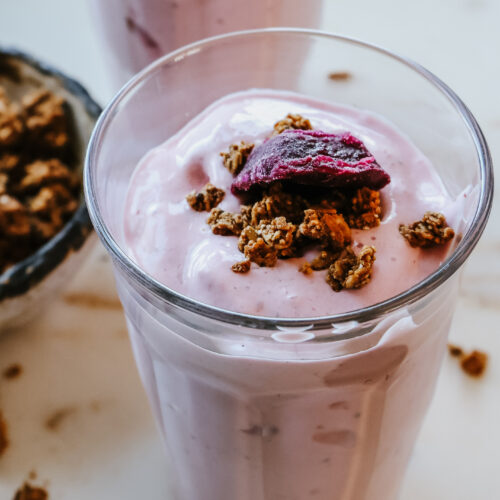 High protein smoothie with cottage cheese served as a healthy breakfast or post-workout snack