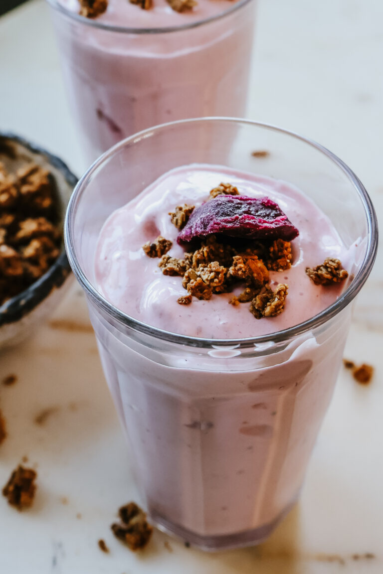 High protein smoothie with cottage cheese served as a healthy breakfast or post-workout snack