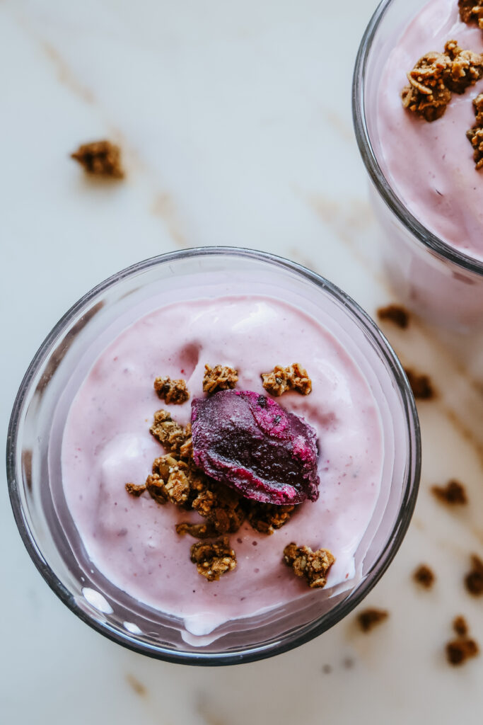 High protein cottage cheese smoothie blended with fruit and honey