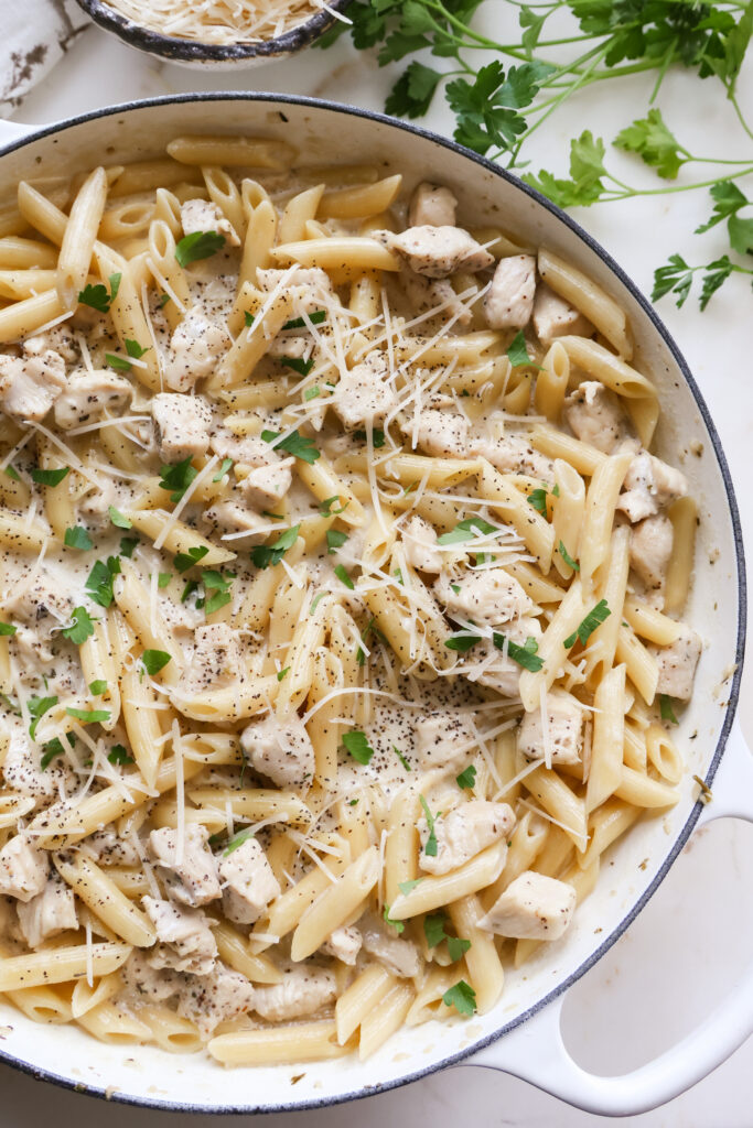 One pan creamy chicken pasta with rich Alfredo sauce