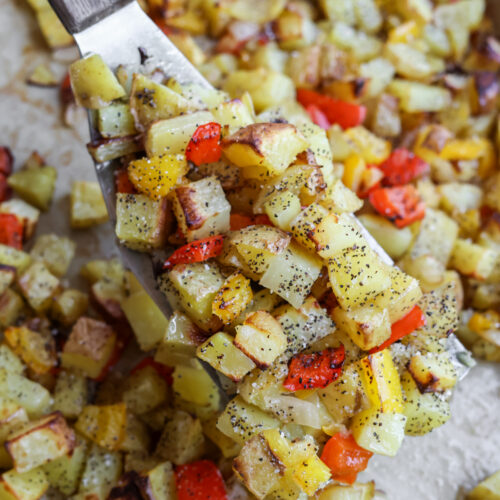 Golden crispy breakfast potatoes with roasted red and yellow bell peppers on a metal spatula A few tips when uploading to WordPress: Rename the files before uploading — WordPress uses the filename in the image URL, so getting these renamed first saves you having to edit the media library later. Your focus keyphrase (sheet pan breakfast potatoes) appears naturally in each alt text without being stuffed — Yoast should be happy. Golden crispy breakfast potatoes with roasted red and yellow bell peppers on a metal spatula.