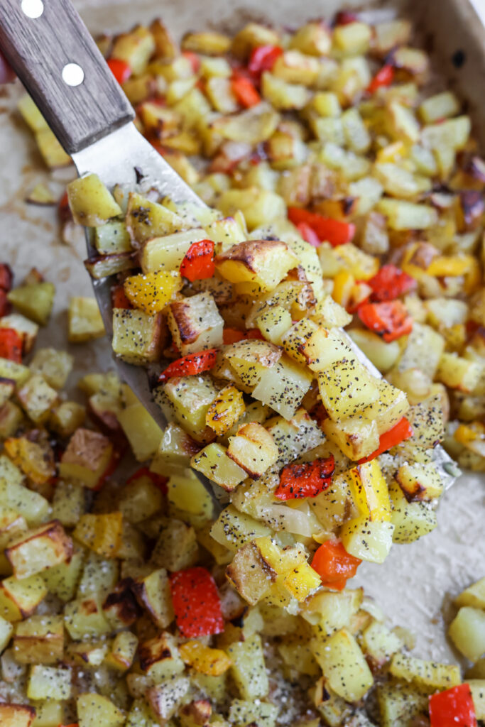 Golden crispy breakfast potatoes with roasted red and yellow bell peppers on a metal spatula


A few tips when uploading to WordPress:

Rename the files before uploading — WordPress uses the filename in the image URL, so getting these renamed first saves you having to edit the media library later.
Your focus keyphrase (sheet pan breakfast potatoes) appears naturally in each alt text without being stuffed — Yoast should be happy.
Golden crispy breakfast potatoes with roasted red and yellow bell peppers on a metal spatula.