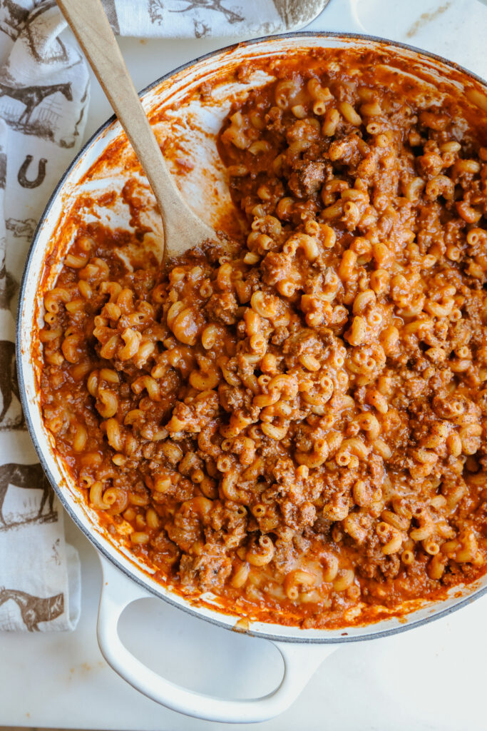 Close-up of creamy one skillet chili mac with ground beef and elbow noodles